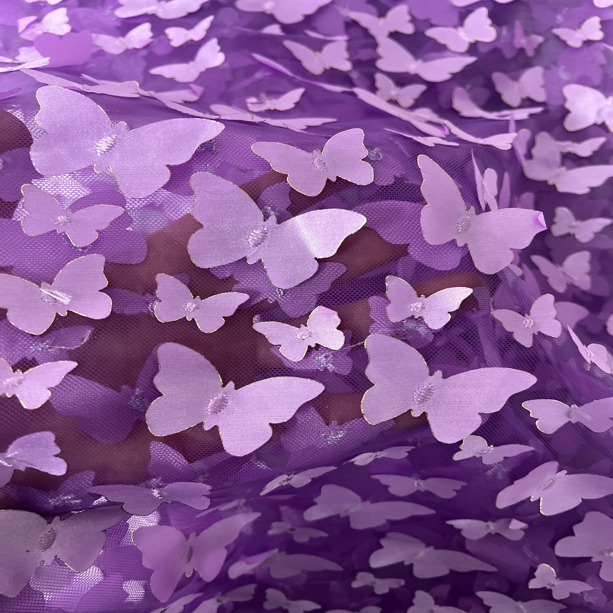 3D Butterfly Embroidered Satin Lace Fabric - 100% Polyester, 4-Way Mechanical Stretch, Mesh Backing, 60" Mesh Width, 54/56" Butterfly Width (1 Yard)