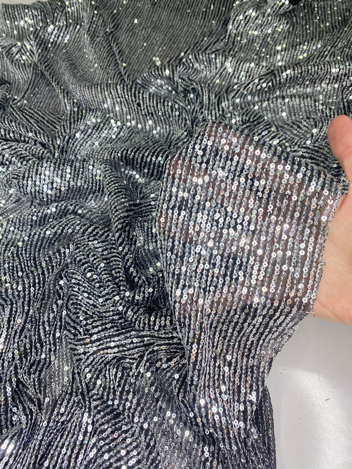 Stretch Sequin Mesh Silver on Black