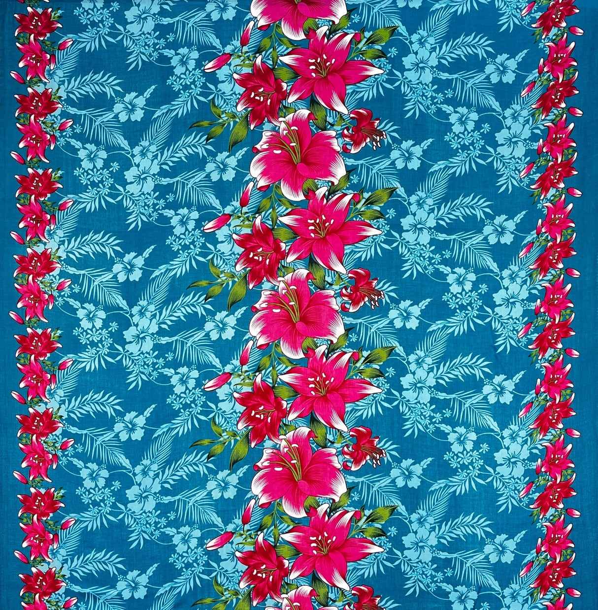 Triple Lily Border With Tropical Flowers And Leaves Rayon Fabric - Teal/Fuchsia, Green/Blue, Rust/Orange, Purple/Red, Yellow/Purple, Orange/Blue, 36" X 45" (1 Yard)