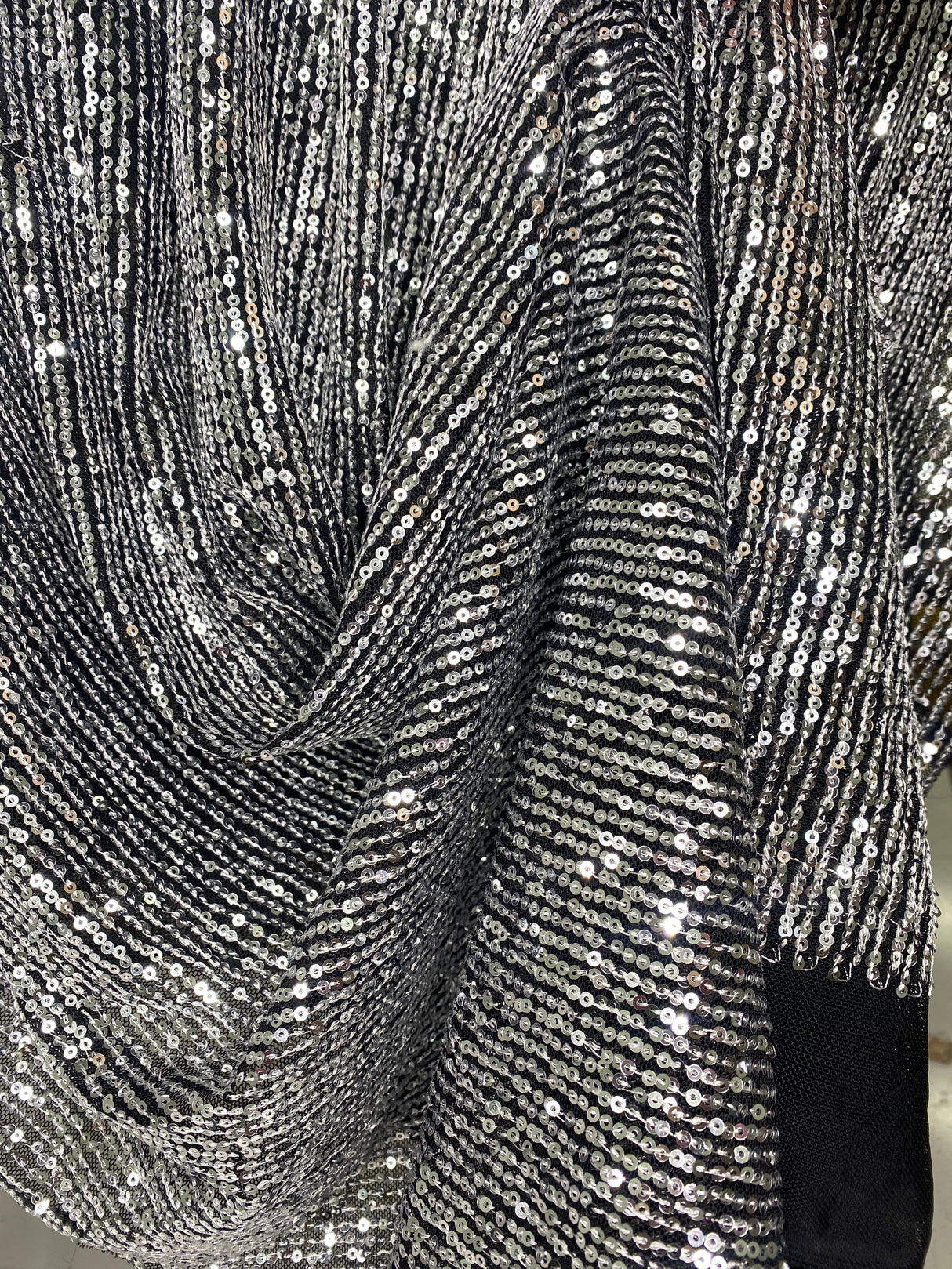 Stretch Sequin Mesh Silver on Black
