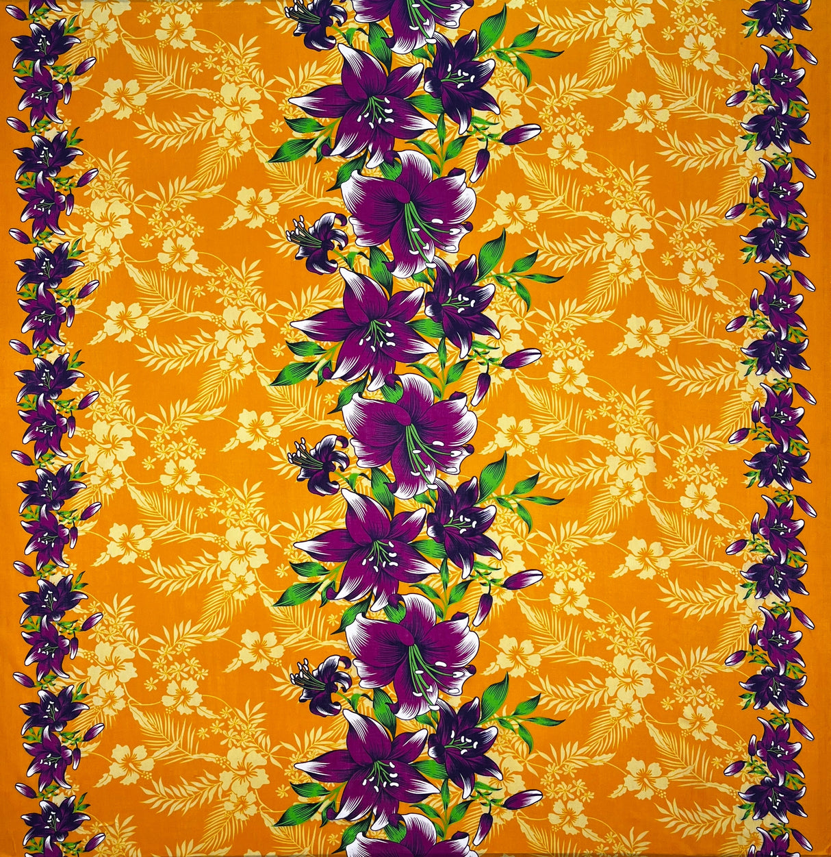 Triple Lily Border With Tropical Flowers And Leaves Rayon Fabric - Teal/Fuchsia, Green/Blue, Rust/Orange, Purple/Red, Yellow/Purple, Orange/Blue, 36" X 45" (1 Yard)