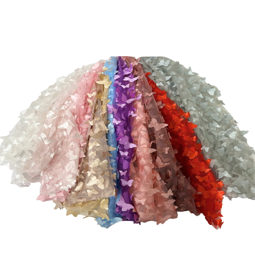 3D Butterfly Embroidered Satin Lace Fabric - 100% Polyester, 4-Way Mechanical Stretch, Mesh Backing, 60" Mesh Width, 54/56" Butterfly Width (1 Yard)