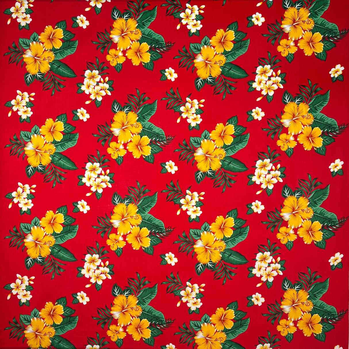 Hibiscus Plumeria Tropical Leaves Clusters 100 Percent Rayon Fabric - Red, Hunter Green, Royal, Navy Tropical Floral Print, 36" X 45" (1 Yard)