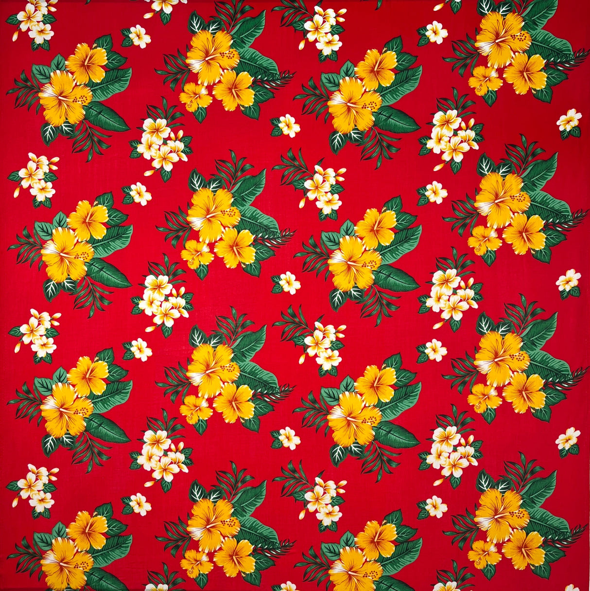 Rayon Fabric Hibiscus Plumeria Tropical Leaves Clusters