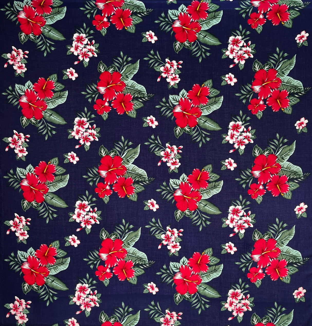 Rayon Fabric Hibiscus Plumeria Tropical Leaves Clusters
