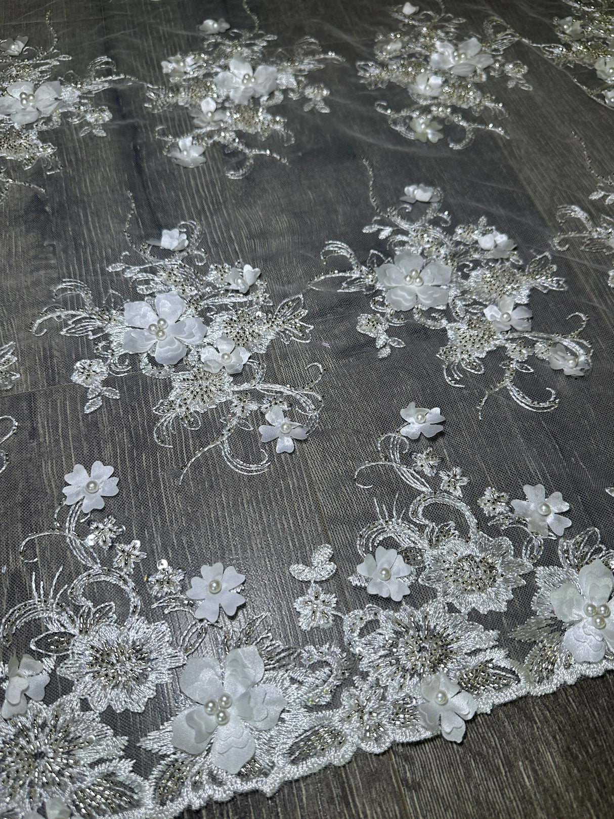 White 3D Floral Embroidered Beaded Tulle Lace