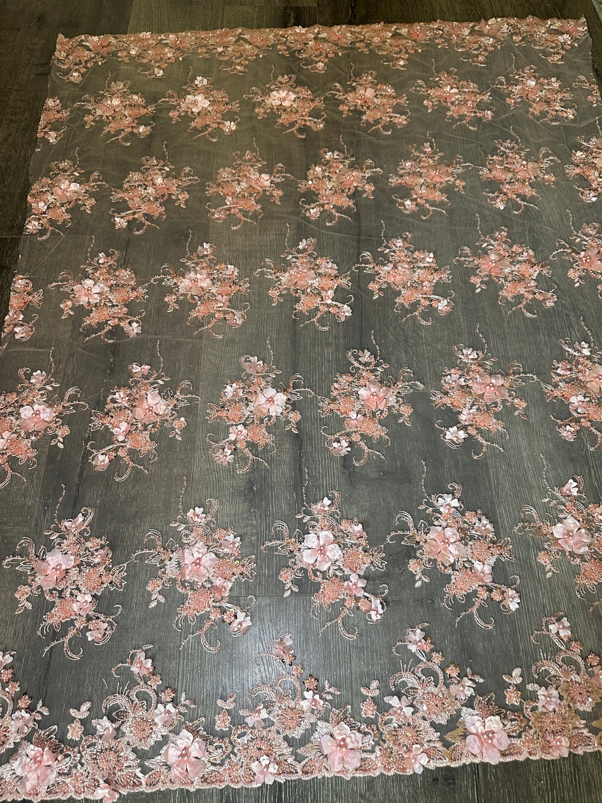3D Floral Embroidered Beaded Tulle Lace Peach