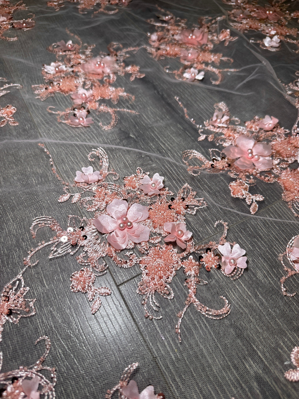 3D Floral Embroidered Beaded Tulle Lace Peach