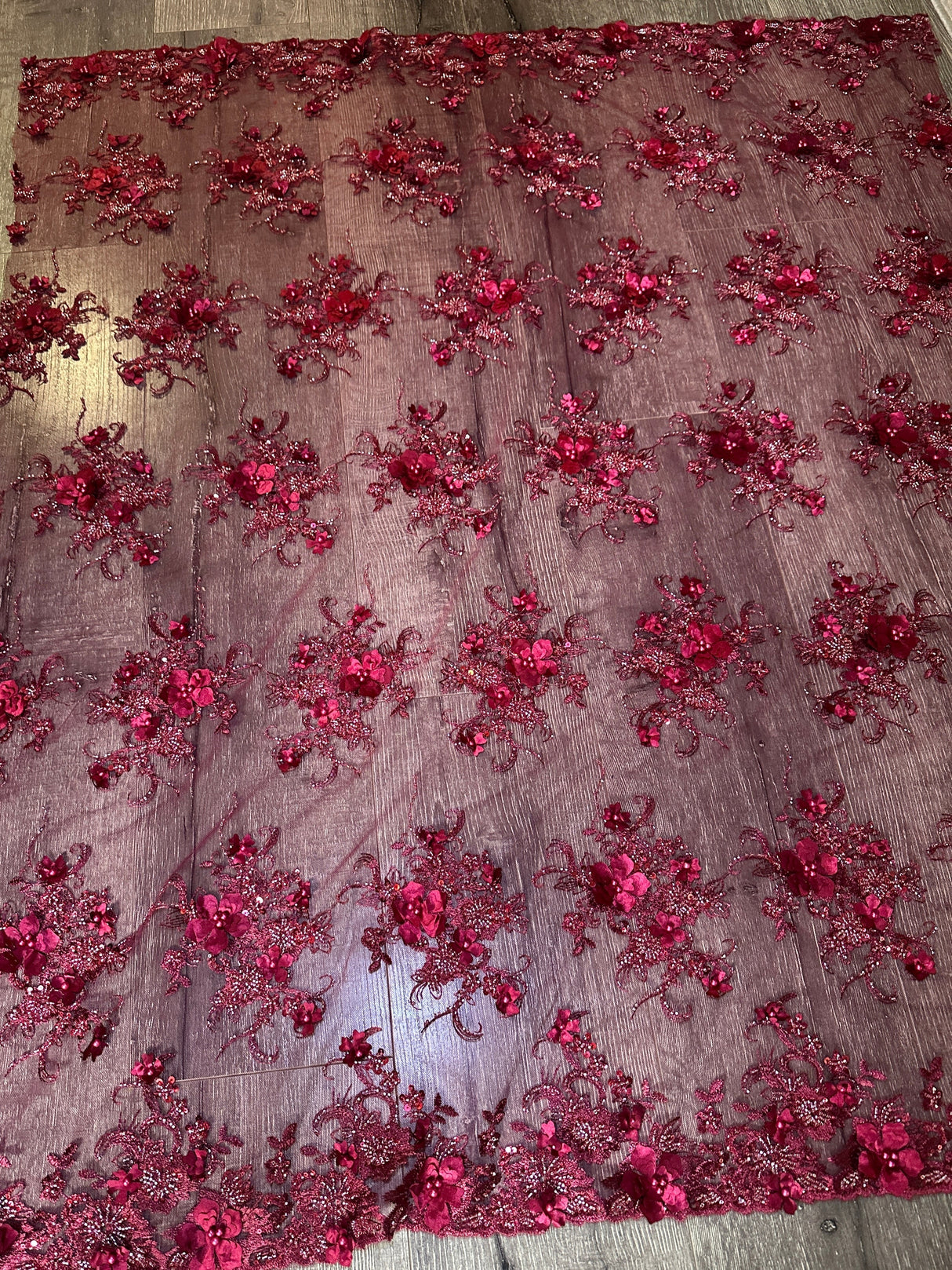 Burgundy 3D Floral Beaded Tulle Lace