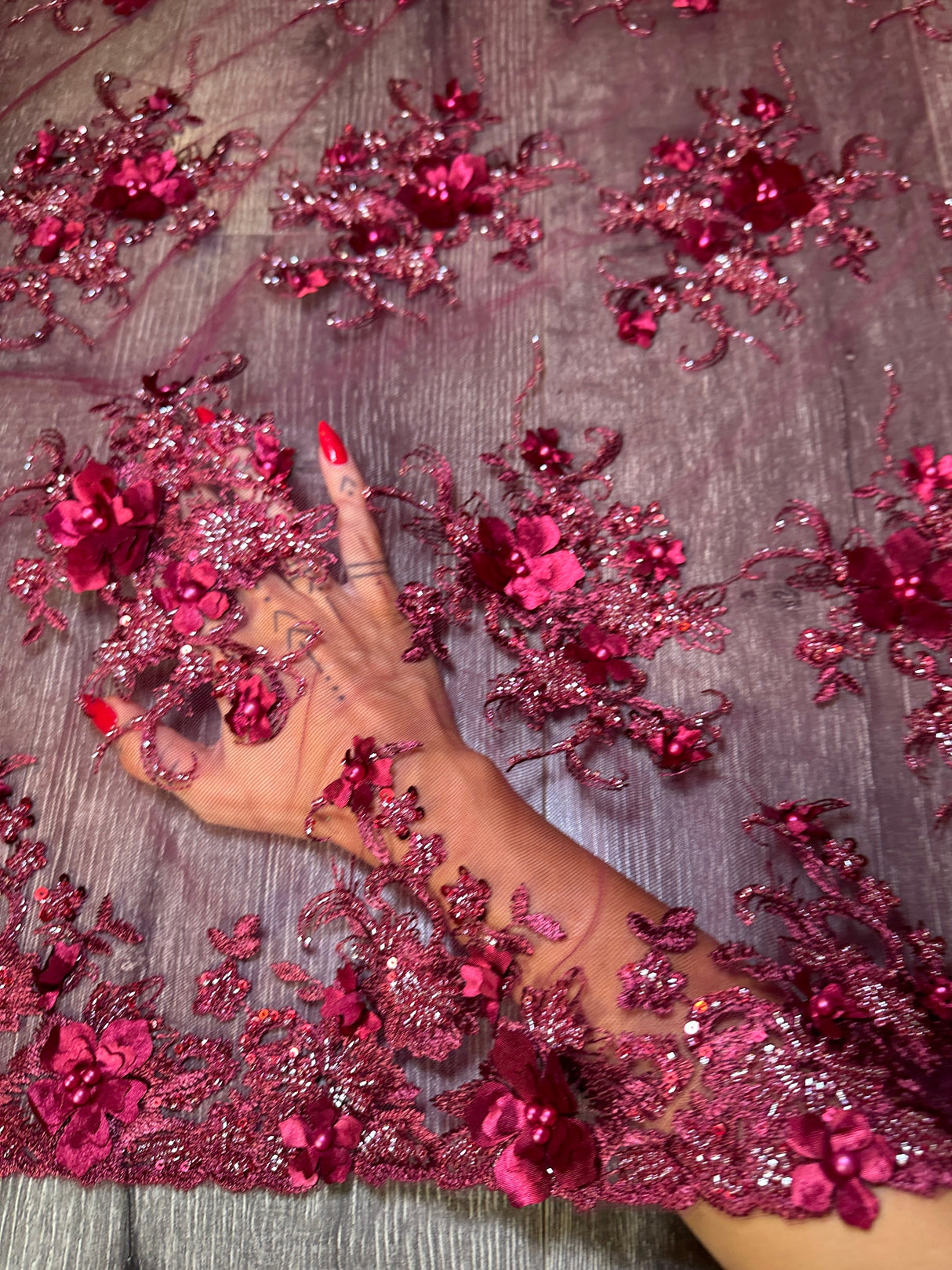 Burgundy 3D Floral Beaded Tulle Lace