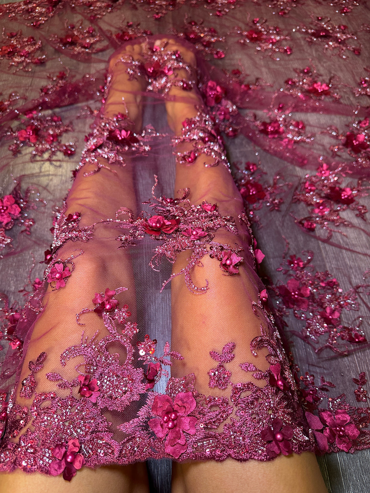 Burgundy 3D Floral Beaded Tulle Lace