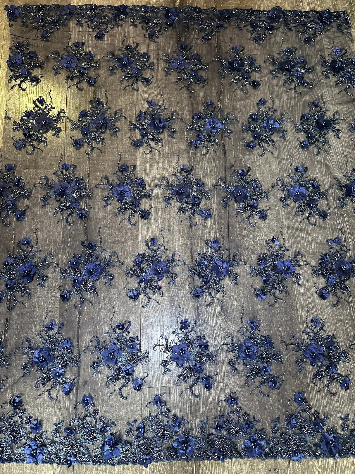 3D Floral Embroidered Beaded Tulle Lace Navy
