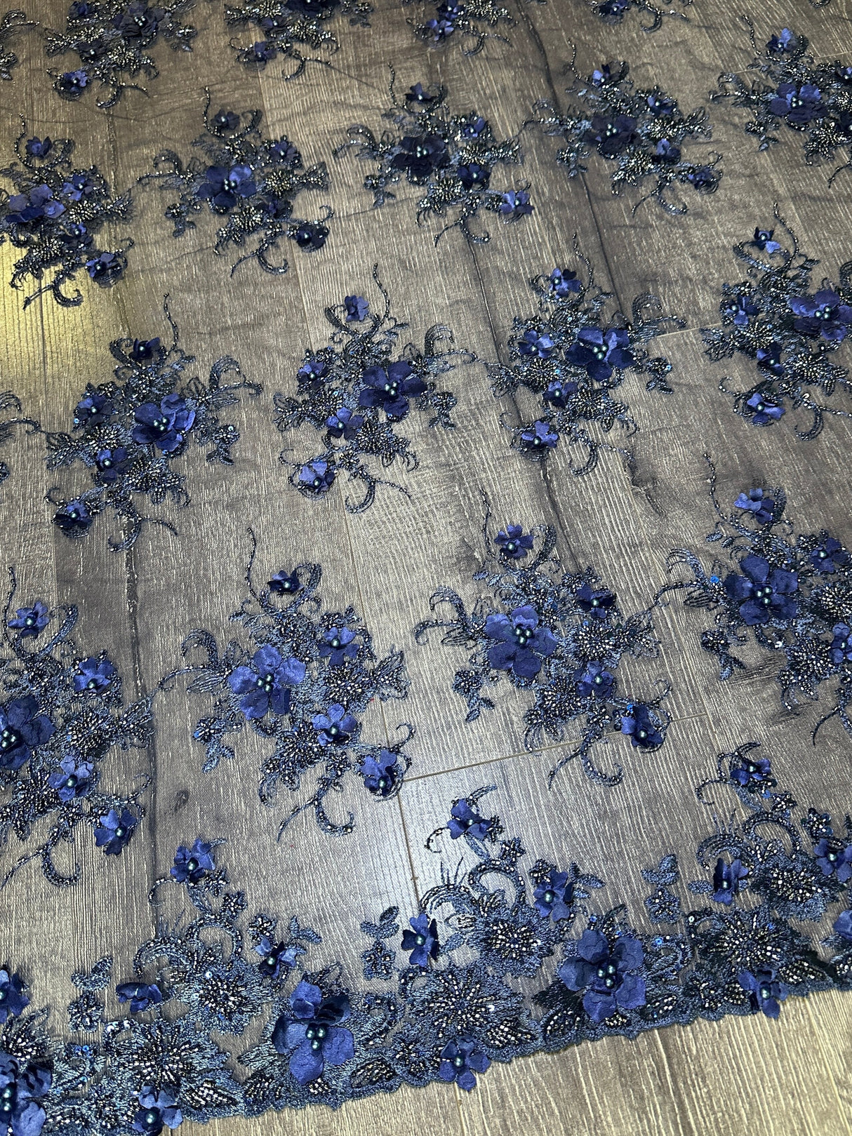 3D Floral Embroidered Beaded Tulle Lace Navy