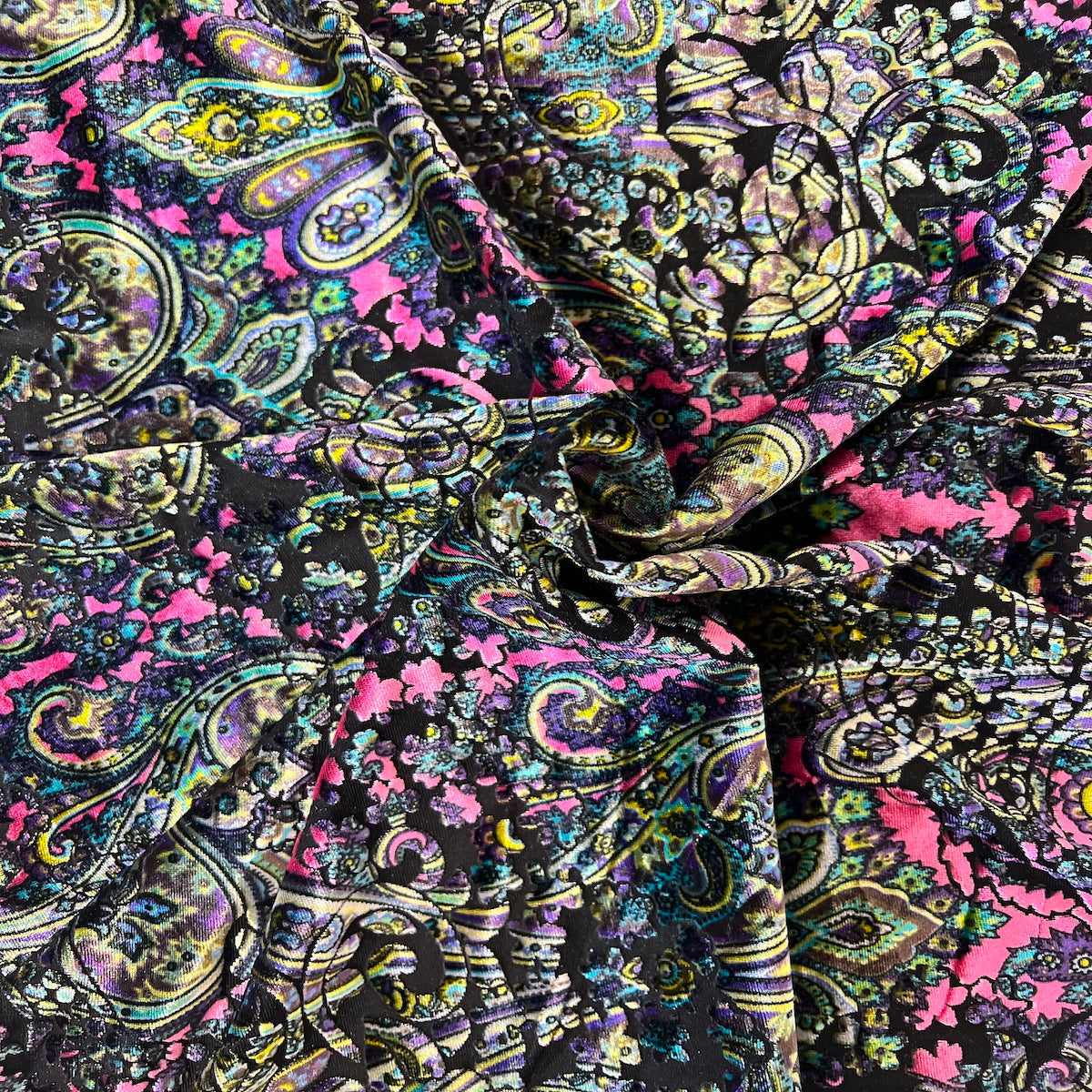 Sur Multicolor Burnout Stretch Velvet Fabric - Multicolor Burnout, 60" Width, 4-Way Stretch, 250 GSM (1 Yard)