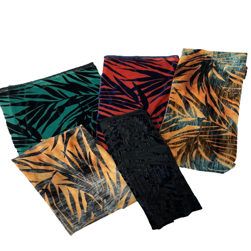 Palm Tree Floral Burnout Stretch Velvet Spandex Fabric - Blue Tie Dye, 60" Width (1 Yard)