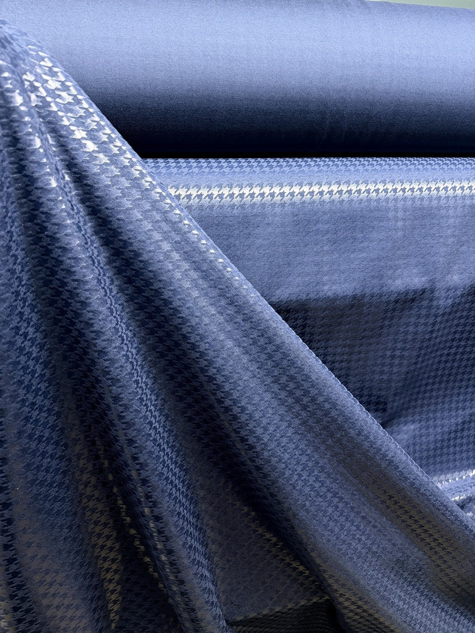 New Navy Or Black Houndstooth Foil Nylon Spandex Supplex Fabric - Navy, Black Houndstooth, 58" Width