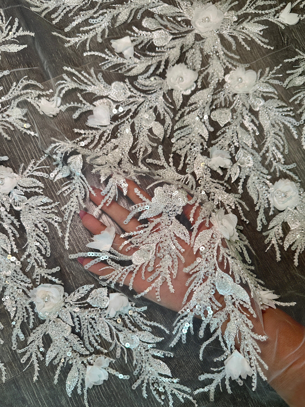 White 3D Floral Branch Sequin Beaded Lace