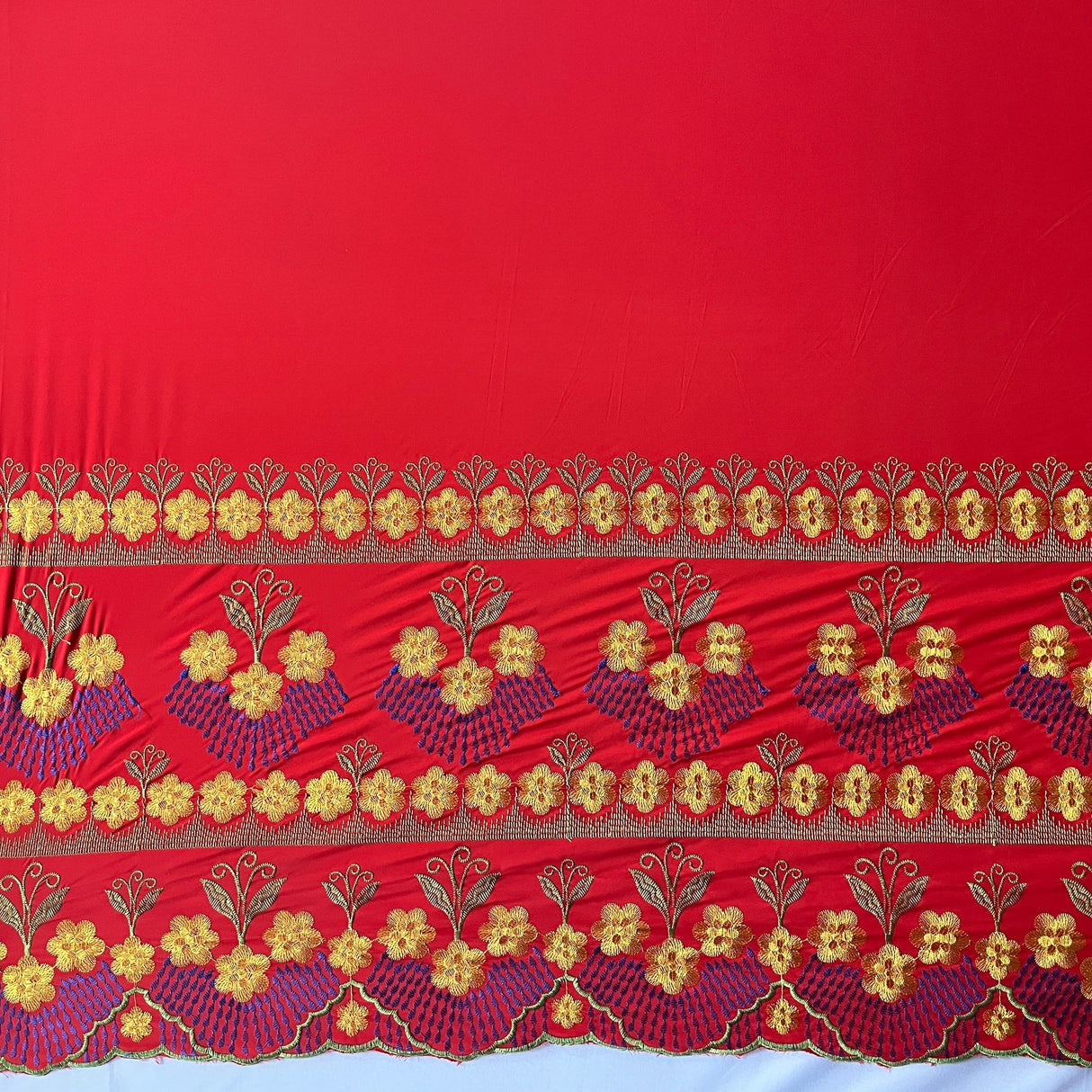 Polyester Embroidered Hibiscus Double Border Fabric