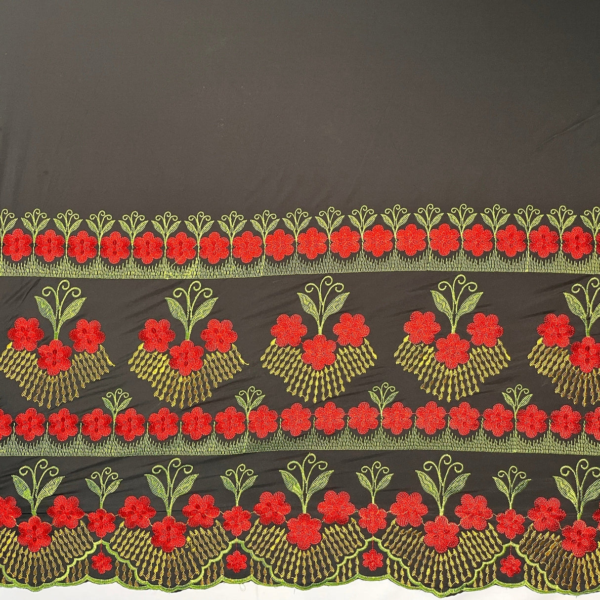 Polyester Embroidered Hibiscus Double Border Fabric