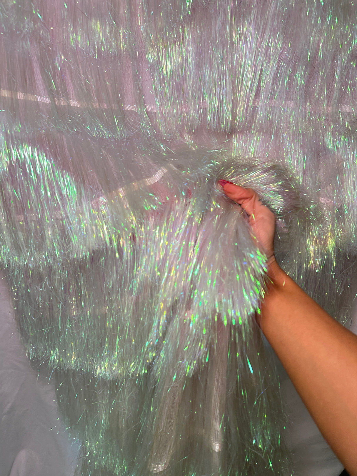 White Iridescent Fringe Metallic Mesh