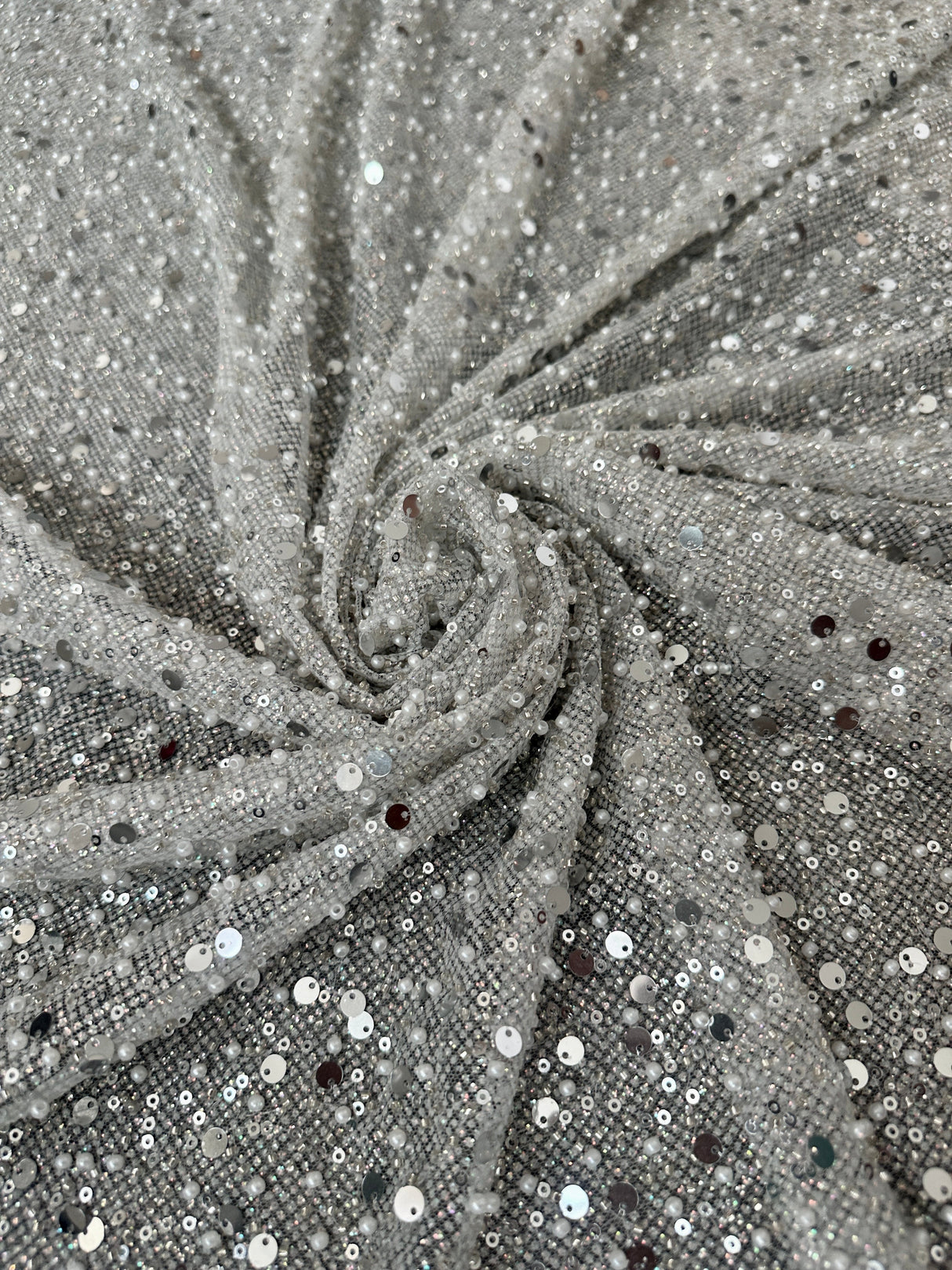 Stretch Silver Sequin Pearl Beaded Mesh