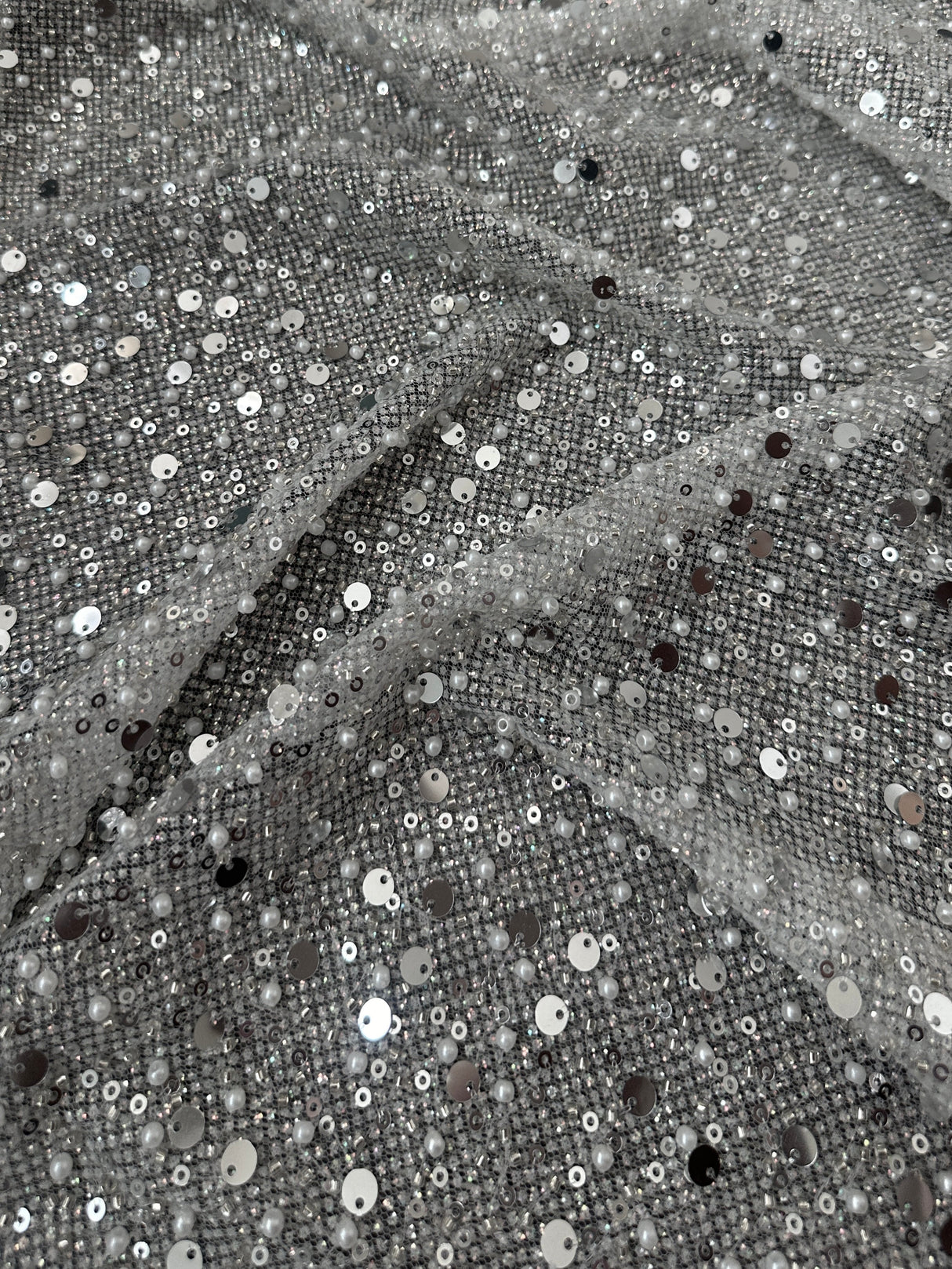 Stretch Silver Sequin Pearl Beaded Mesh