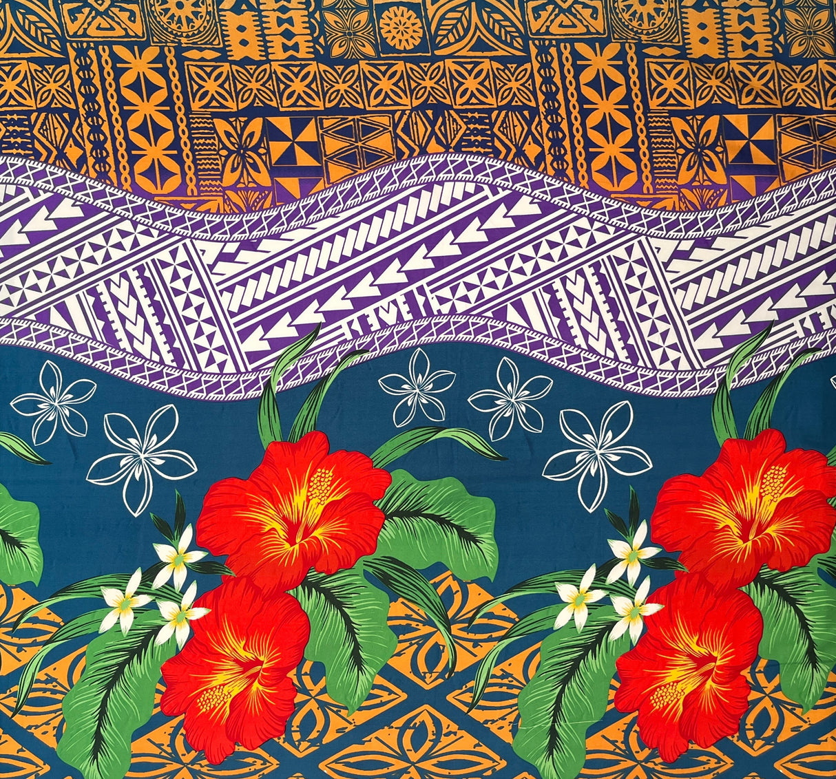 Peachskin Polyester Fabric Tapa Tribal Tattoo Hibiscus Plumeria