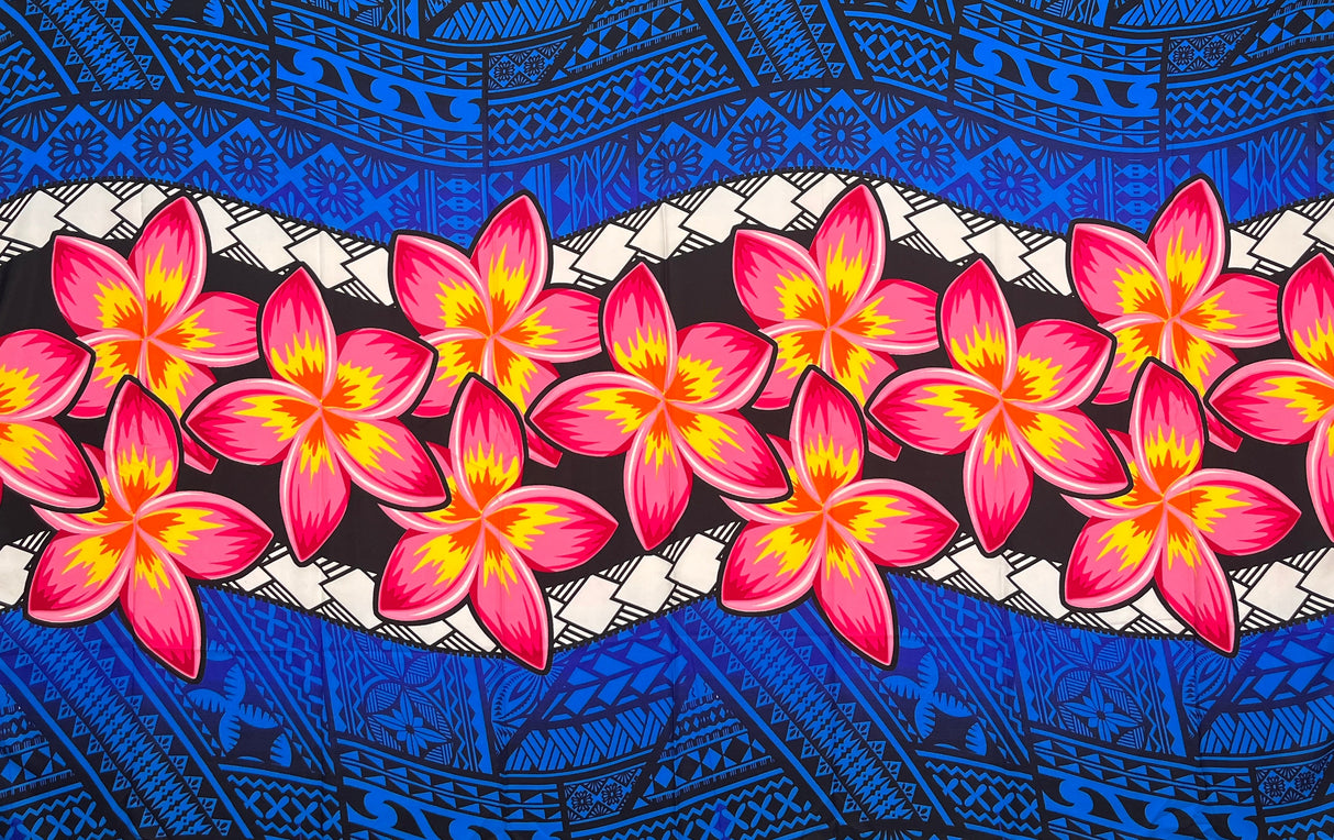 Plumeria Zig Zag Middle Border Polyester Fabric - Blue, Red, Pink, Zig Zag Middle Border, 70" L X 44 1/2" W (1 Sarong)