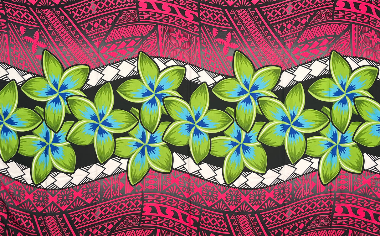 Plumeria Zig Zag Middle Border Polyester Fabric - Blue, Red, Pink, Zig Zag Middle Border, 70" L X 44 1/2" W (1 Sarong)