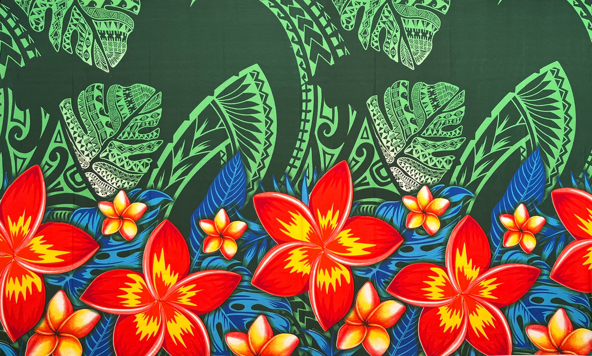 Tribal Tattoo Monstera Leaves With Plumerias Polyester Fabric - Charcoal, Hunter Green, Wine, Violet Blue, 72" L X 45" W (1 Piece)