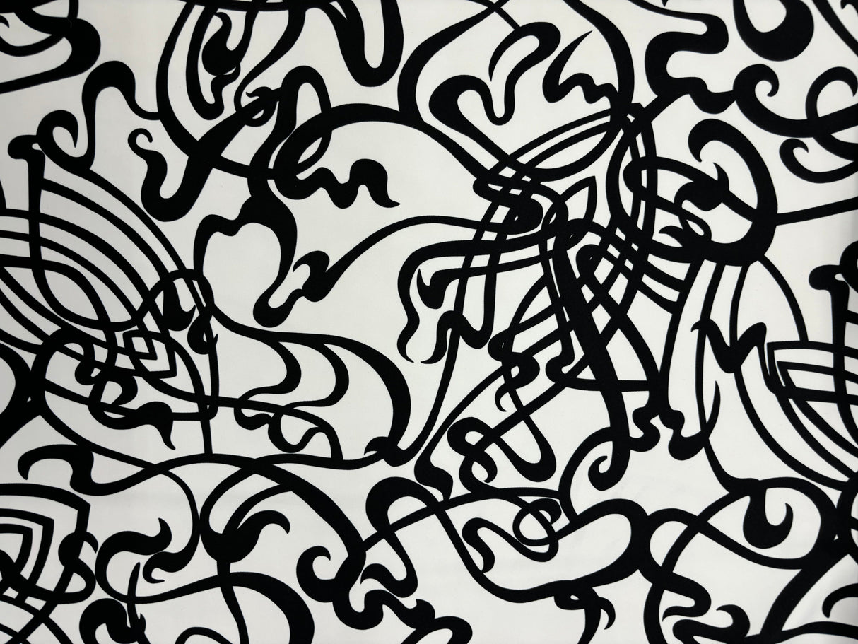 Black And White Abstract Music Print Polyester Spandex Fabric - Black And White Abstract Music Print, 58"/60" Width (1 Yard)