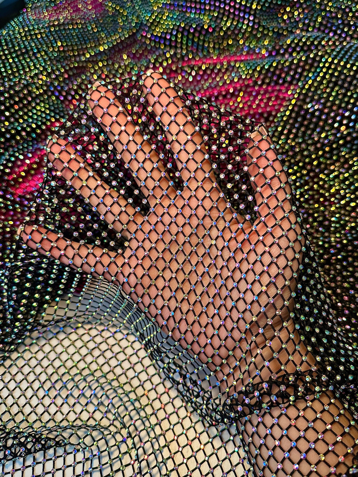 Black Rhinestone Diamond Fishnet Mesh