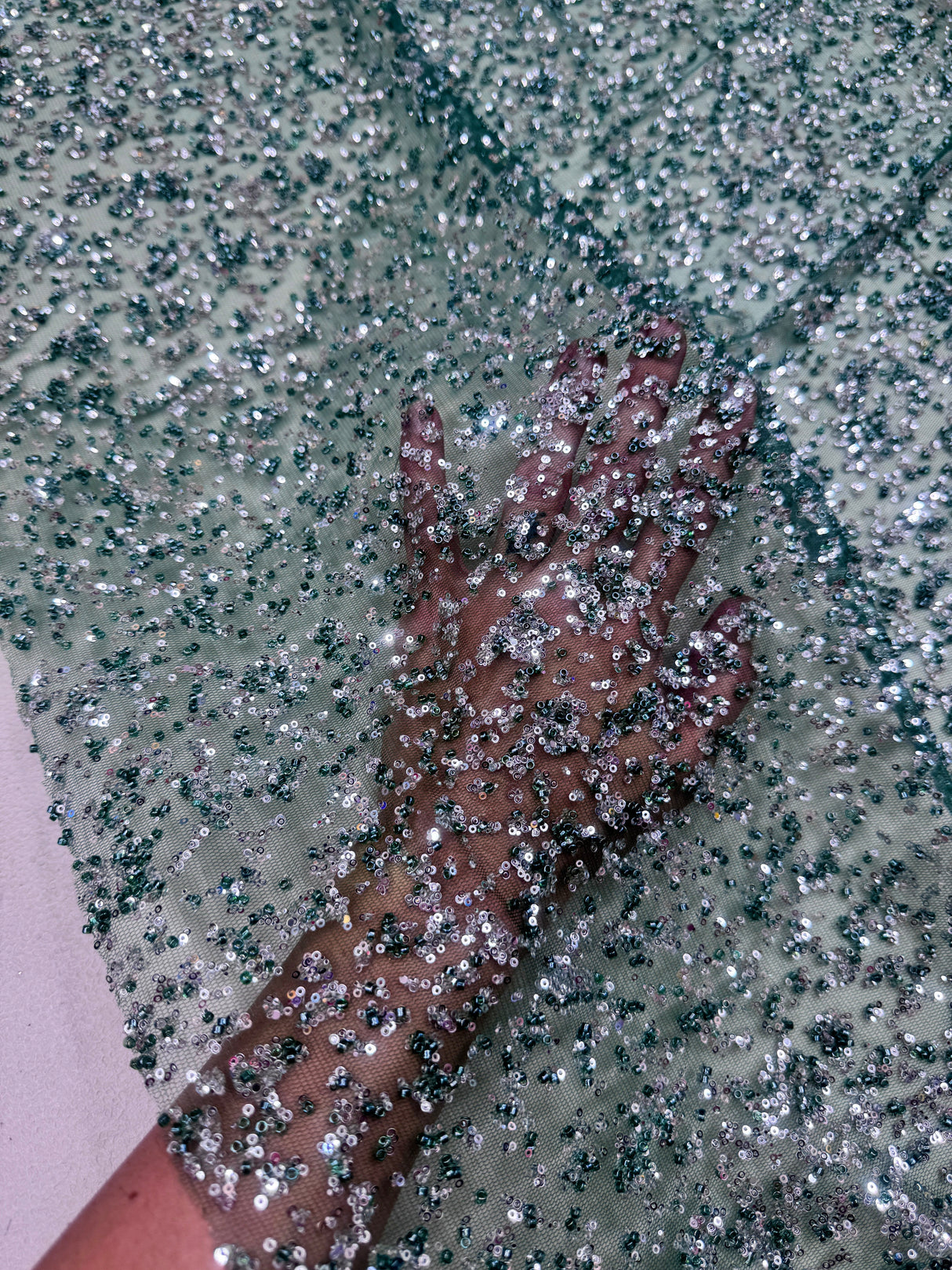 Stretch Beaded Sequin Lace Green-Silver