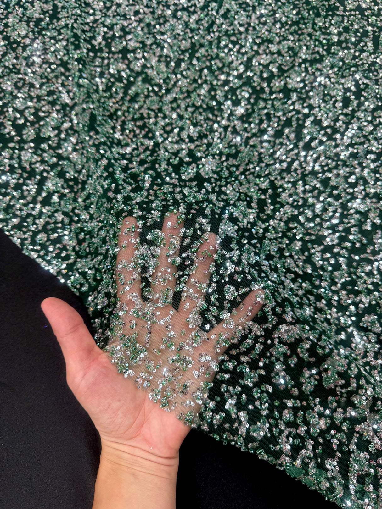 Stretch Beaded Sequin Lace Green-Silver