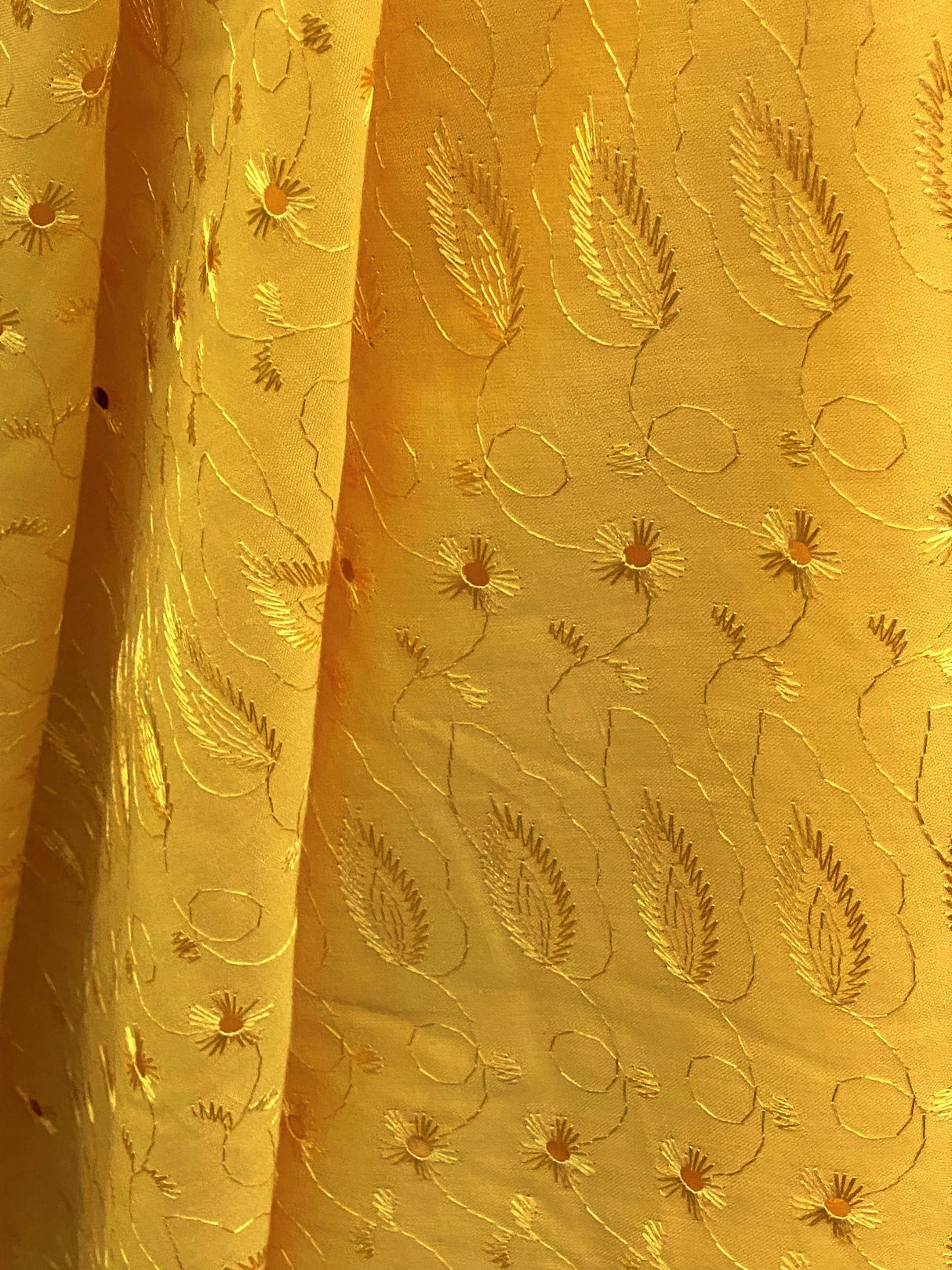 Yellow Medium Eyelet Polyester Cotton Fabric - Yellow, Solid, 41"-42" Width
