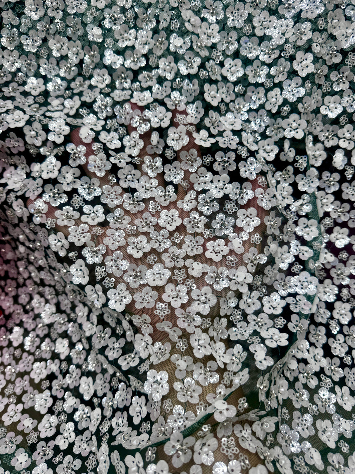 Stretch Sequin Flowers on Hunter Green Mesh