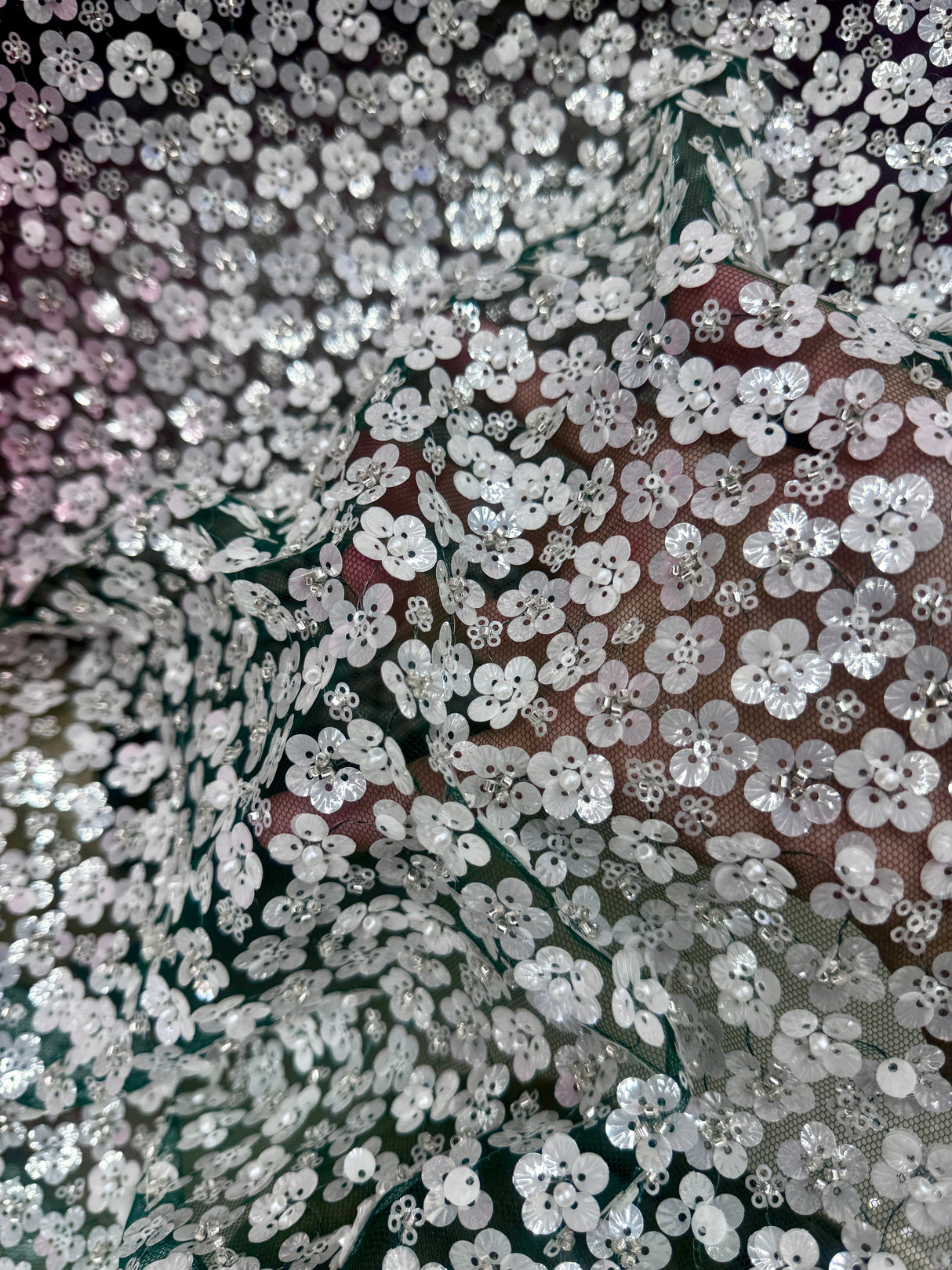 Stretch Sequin Flowers on Hunter Green Mesh