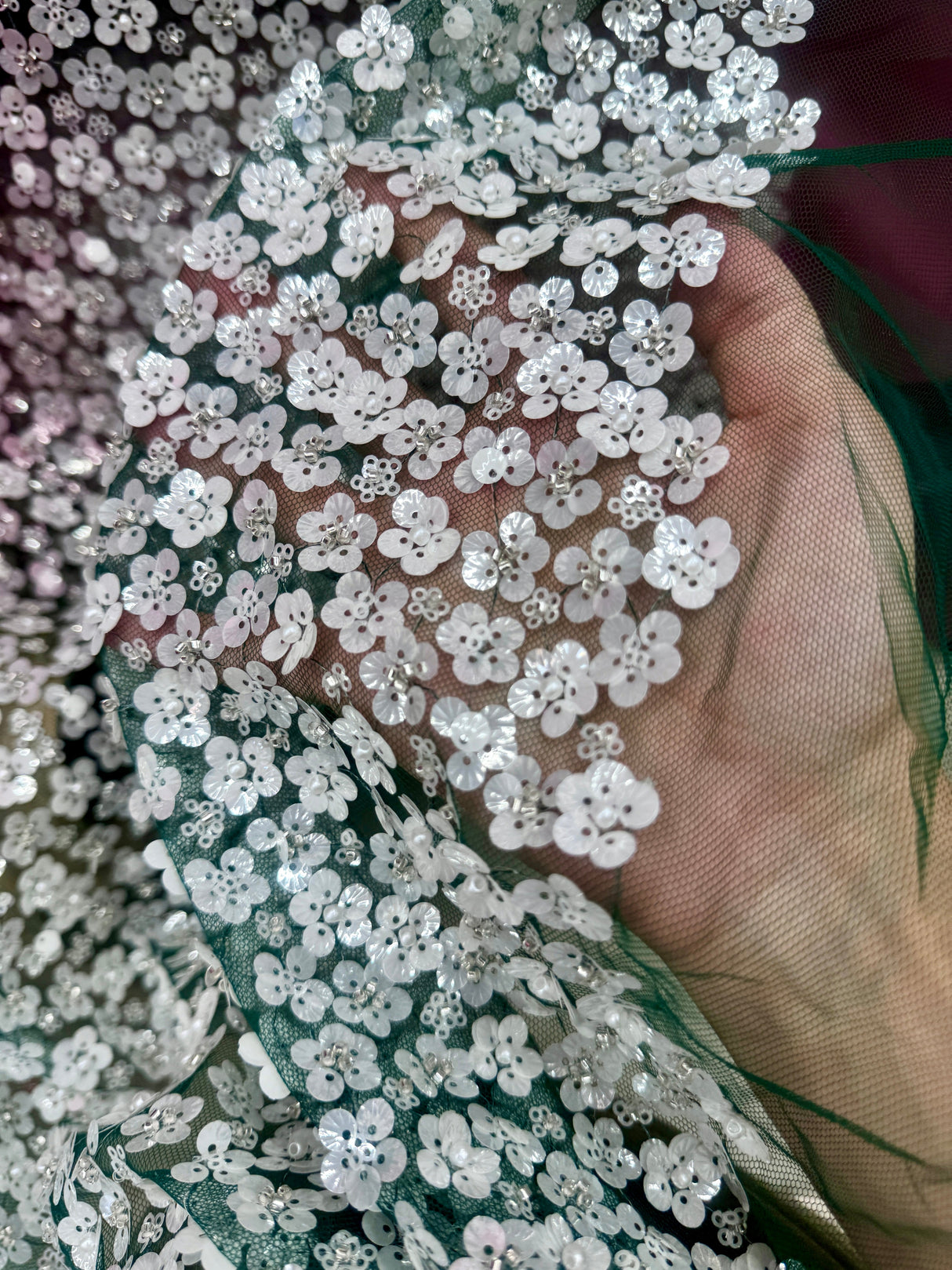 Stretch Sequin Flowers on Hunter Green Mesh
