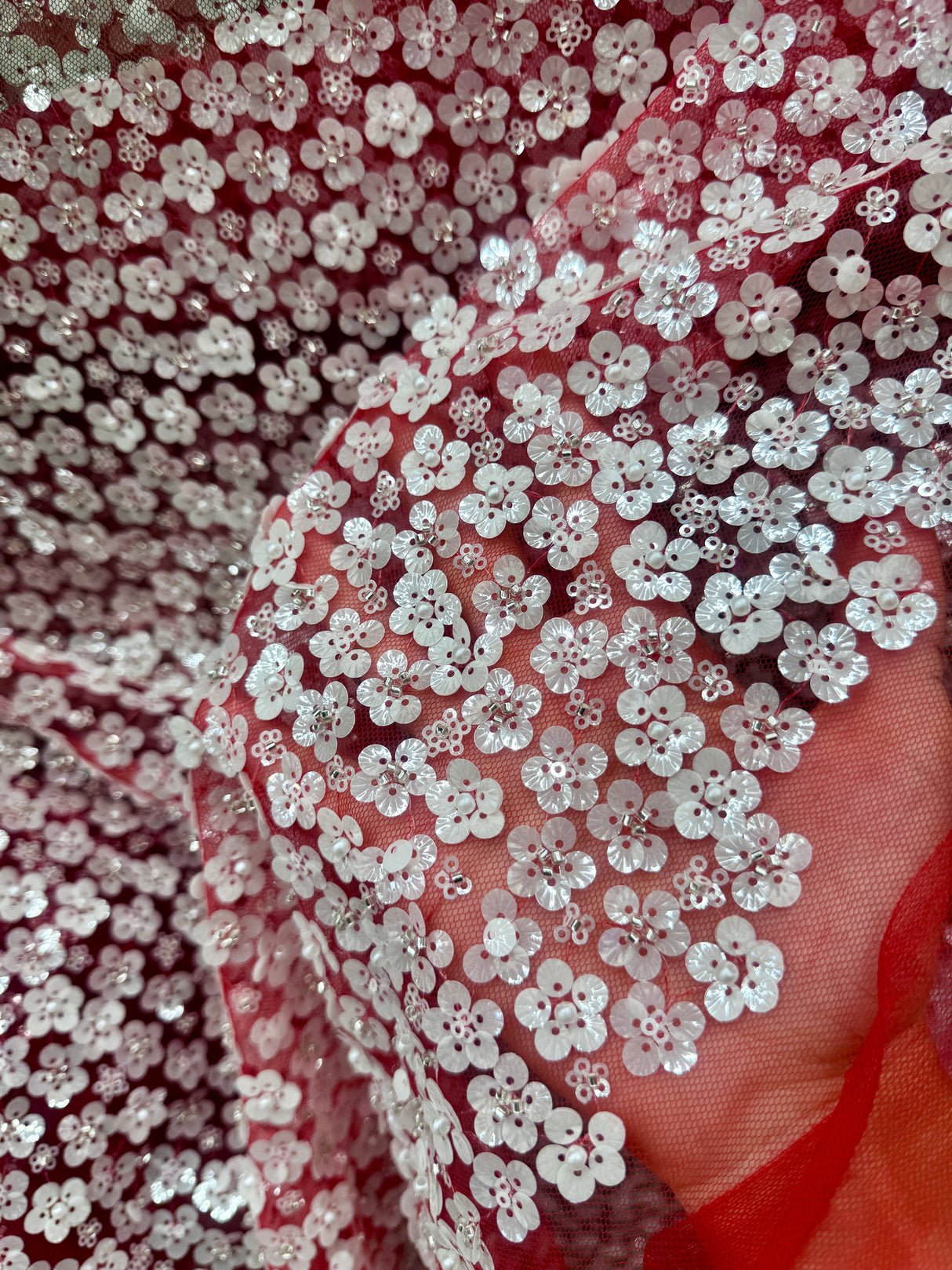 Stretch 3D White Sequin Flowers on Red Mesh