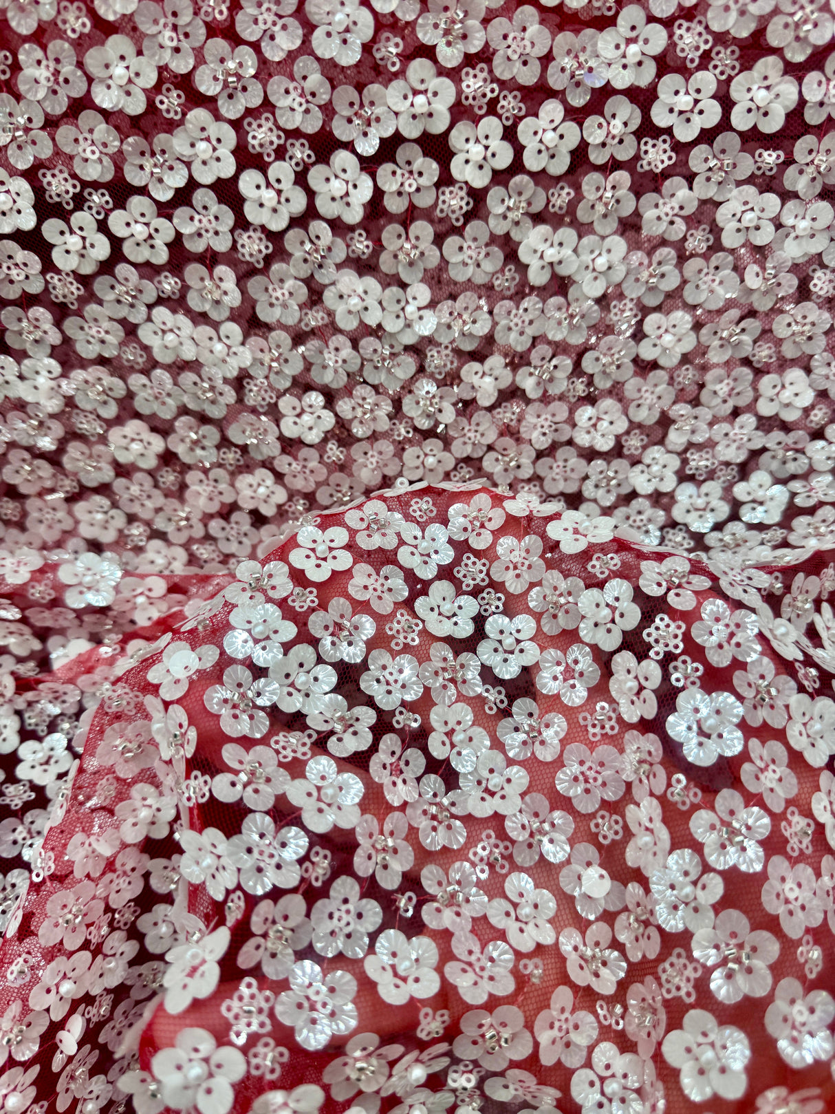 Stretch 3D White Sequin Flowers on Red Mesh