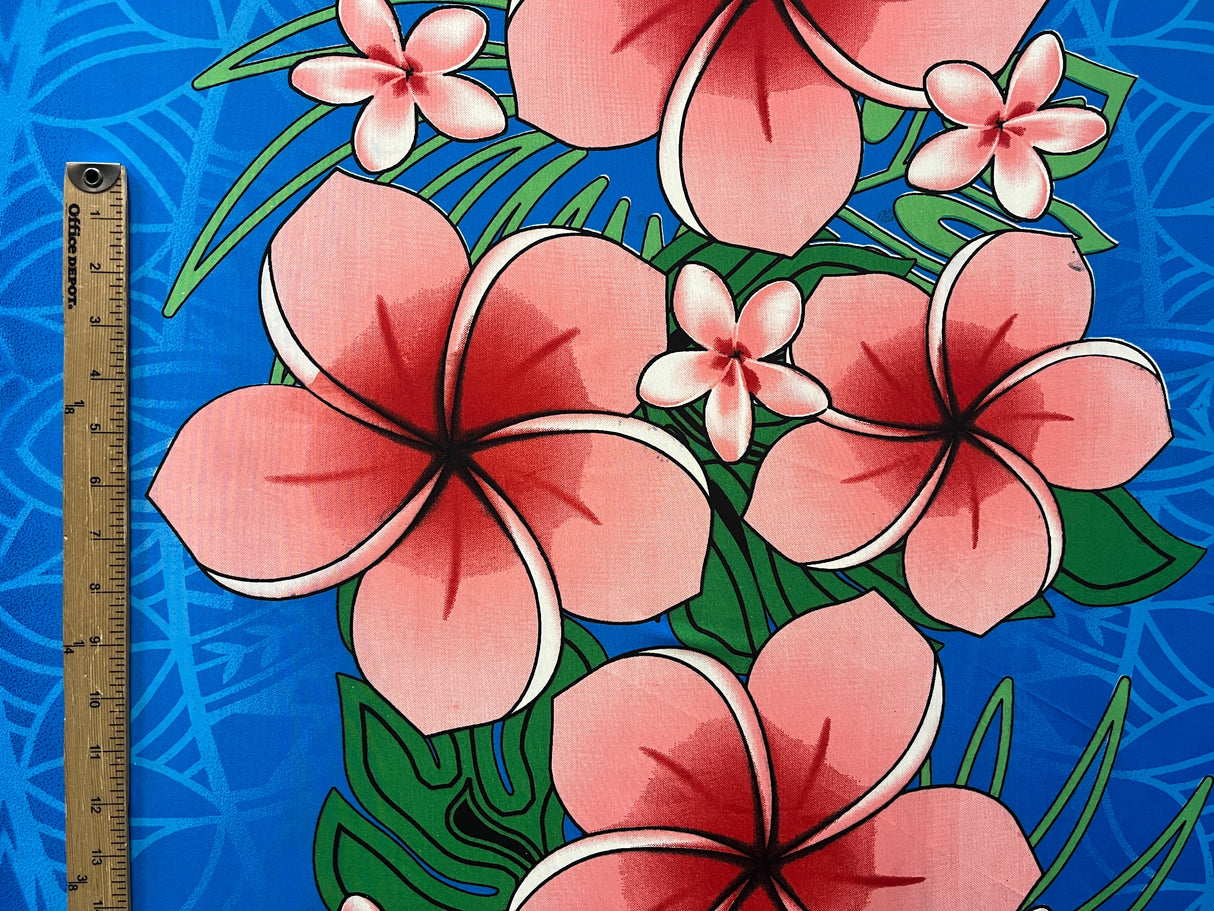 Traditional Tattoo Plumeria Monstera Leaves Design Peachskin Fabric - Red, Brown, Royal, 36" X 45" (1 Yard)