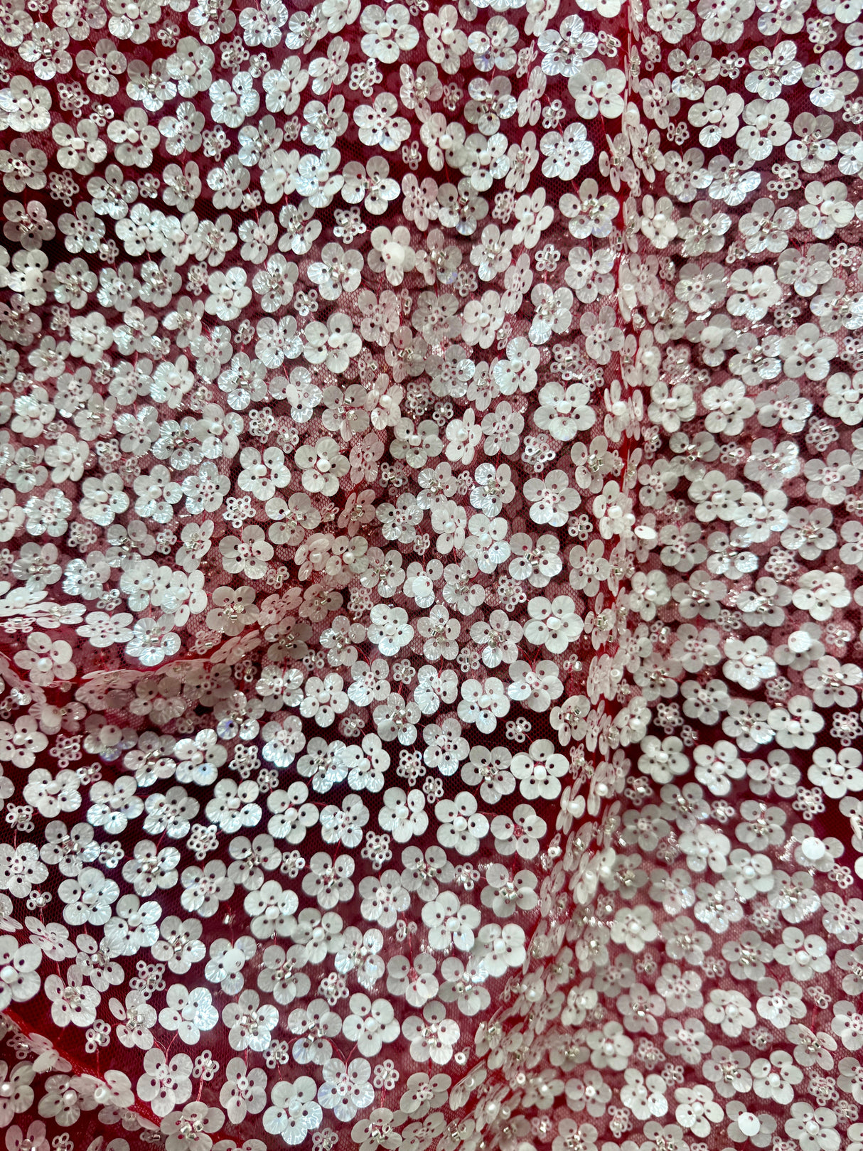 Stretch 3D White Sequin Flowers on Red Mesh