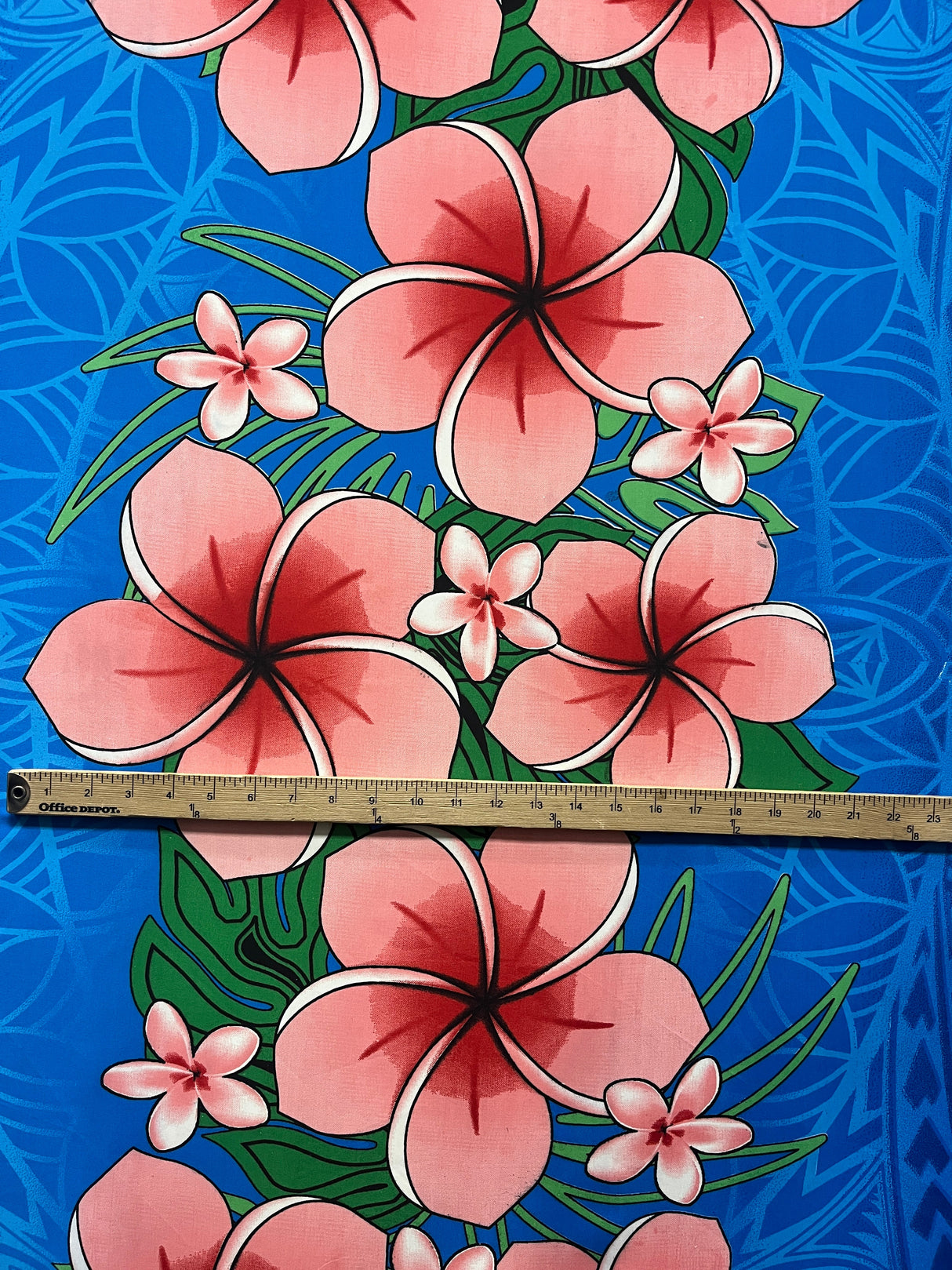 Traditional Tattoo Plumeria Monstera Leaves Design Peachskin Fabric - Red, Brown, Royal, 36" X 45" (1 Yard)