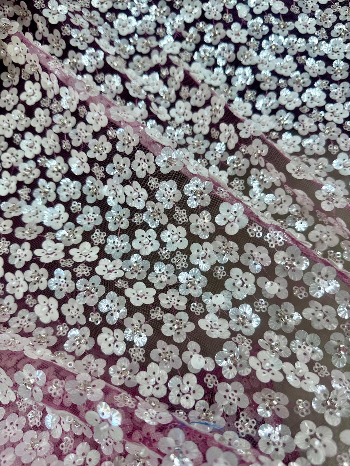 3D White Sequin Flowers on Baby Pink Mesh