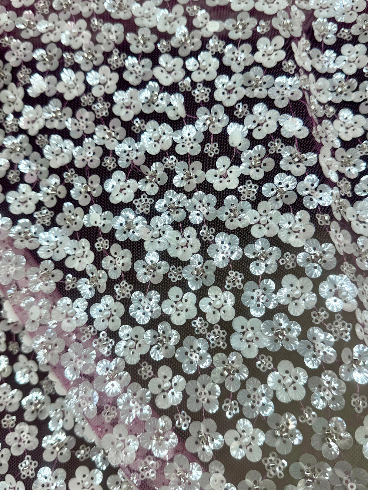 3D White Sequin Flowers on Baby Pink Mesh