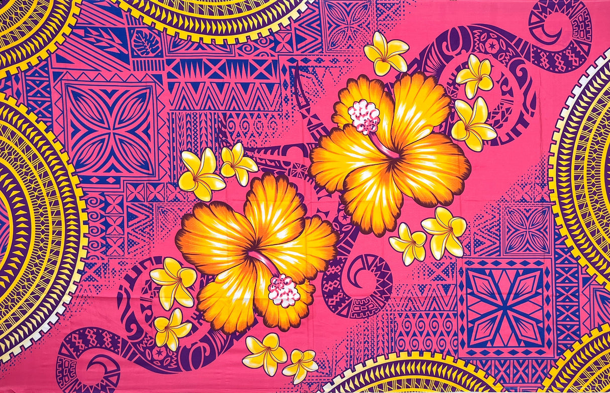 Hibiscus Plumeria Diagonal Border Polyester Fabric - Pink, Royal Blue, Light Deep Pink, 70" L x 44 1/2" W (1 Sarong)