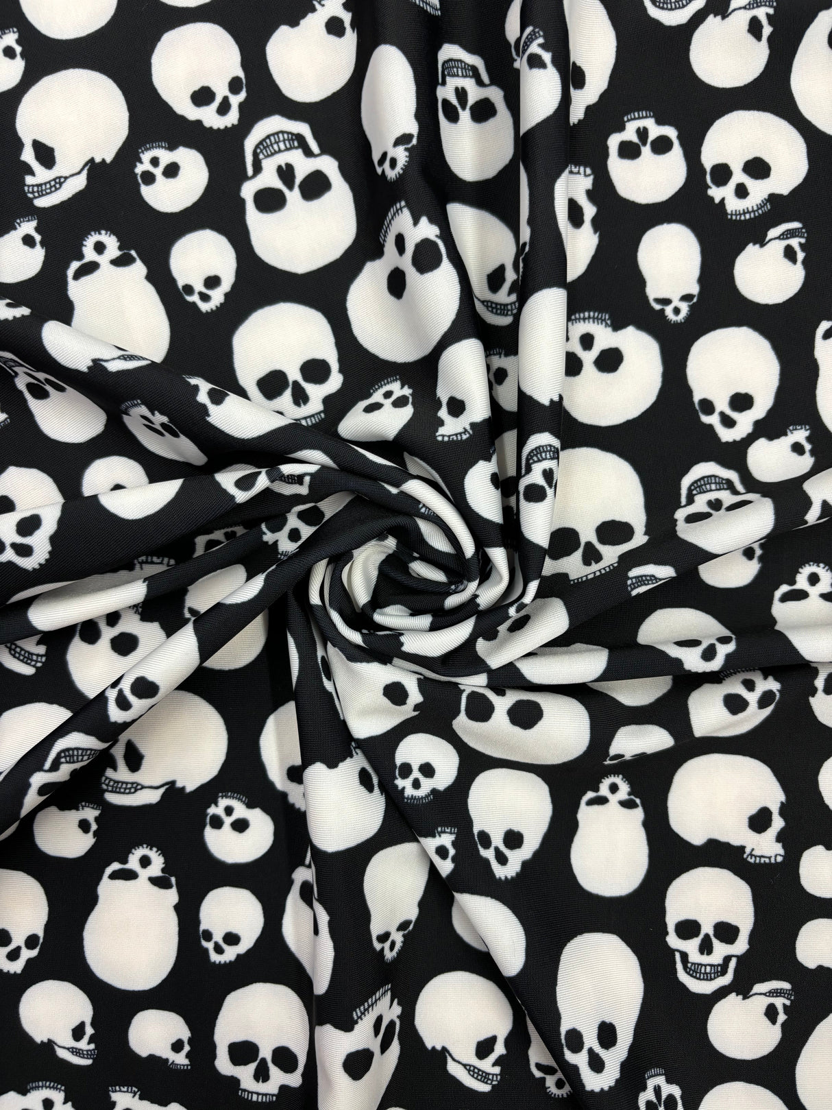 Black And White Skull Printed Spandex Fabric - Black And White Skull Print, 58"/60" Width (1 Yard)