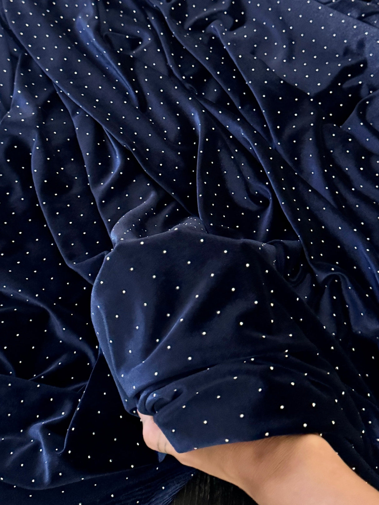 Rhinestone Beaded Stretch Velvet Navy Blue