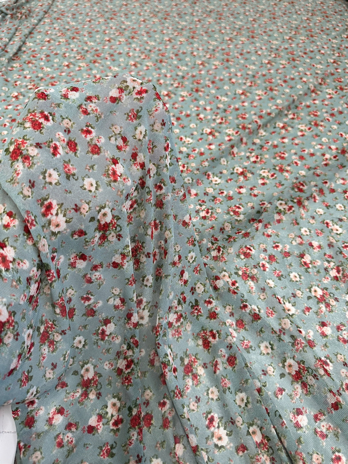 Printed Power Mesh Sage Mini Flowers