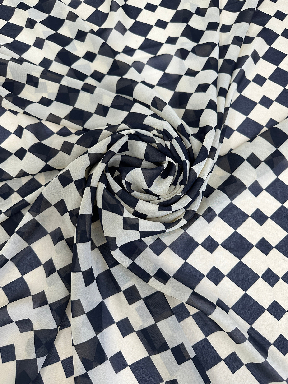 Printed Viscose Chiffon Ivory Black Checkers